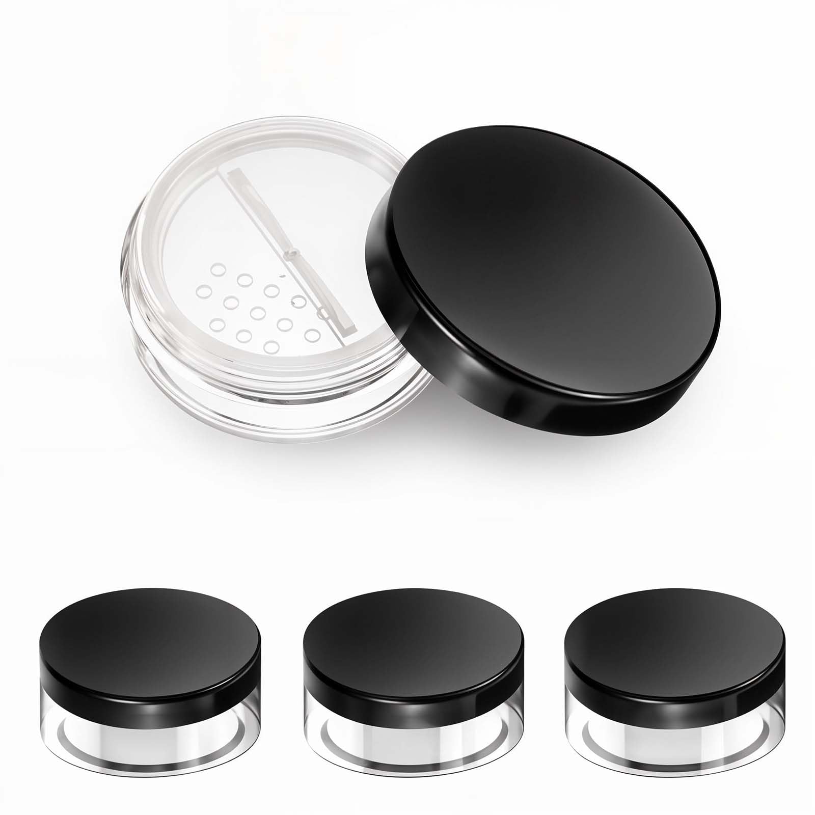 Lnngub 4 Pcs 10ml/0.34oz Refillable Loose Powder Containers Plastic Powder Container Empty Travel Powder Container Reusable No Leak Loose Powder Compact with Rotatable Sifter and Black Screw Lid