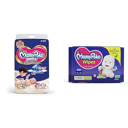 MamyPoko Pants Extra Absorb Diapers, Small (Pack of 42) & MamyPoko Wipes with Green Tea Essence - Pack of 100 * 2 Wipes with Fragrance (100 * 2 = 200 Wipes)
