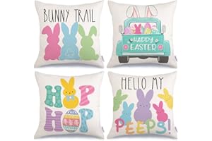GEEORY Easter Pillow Covers 18x18 Set of 4 Easter Decorations for Home Bunny Truck Hello Peeps Hip Hop Pillows Easter Decorative Throw Pillows Spring Easter Farmhouse Decor GA477-18