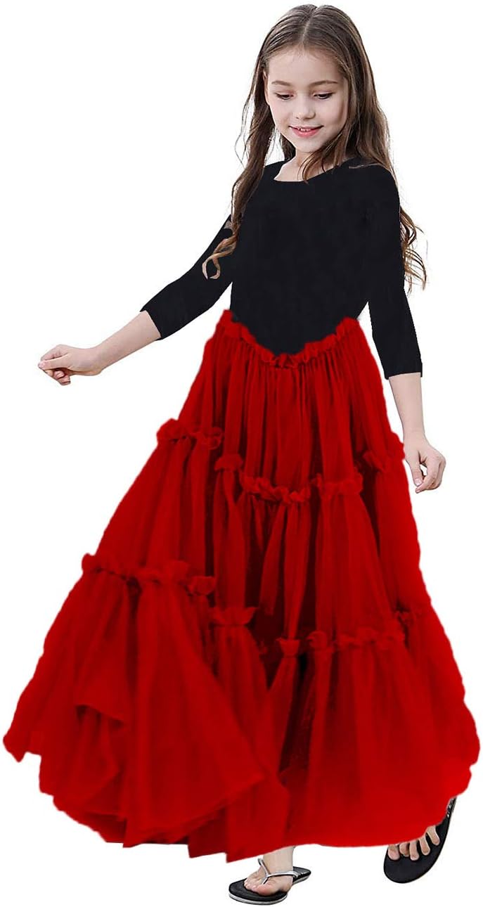 KYMIDY Girls Boho Dress Kids 3/4 Sleeve Tiered Tulle Gowns Princess Dresses for Girls(6-12yrs)