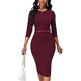 Womens 1950s Vintage Bodycon Pencil Midi Dress 3/4 Sleeve Work Church Knee Length Sheath Dress with Belt Belt