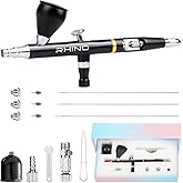 Rhinowisdom Airbrush Kit - Airbrush Gun Set Dual-Action Gravity Feed with 0.35, 0.4 & 0.5mm Needle Sets - Air Brush Set with 2 1/3 oz Replacement Cups for Nails Model Painting Cake Tattoo Makeup