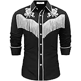 EDFTM Men's Western Cowboy Fringe Shirts Long Sleeve Button Down Embroidered Vintage Casual Hippie Shirts