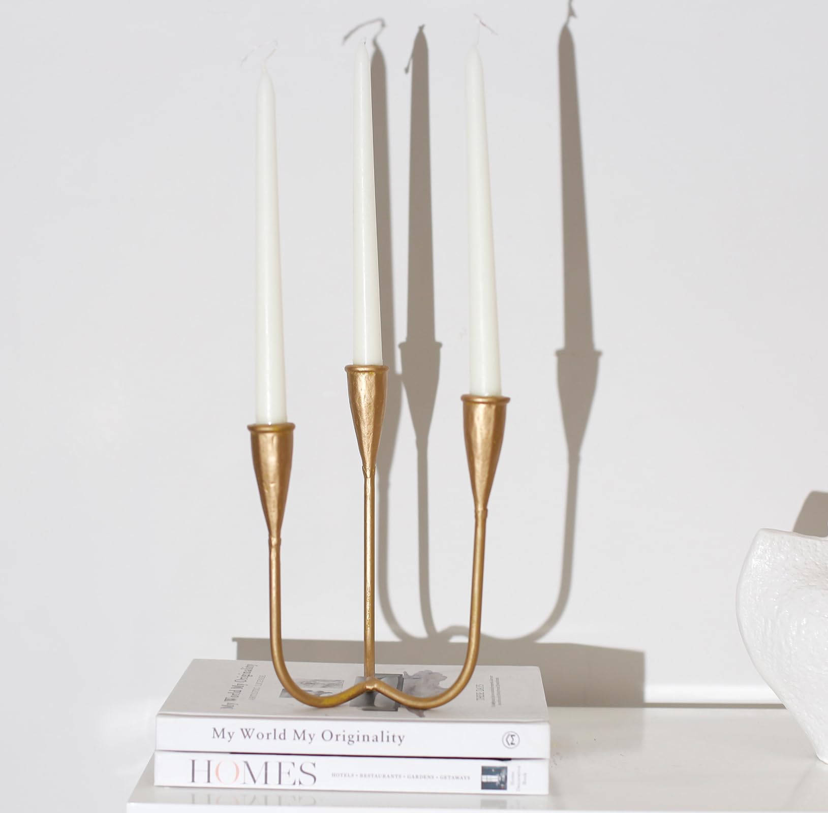 Photo 1 of Modern 3-Arm Candelabra Holder, Cast Iron Metal Candlestick Holders 9.3 Inches Tall Candle Holder Candle Stand Brass Gold Candle Stand, Curved Design