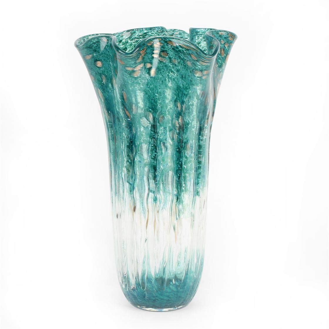 Objets D Art Tall Decorative Glass Vase Teal Gold Fluted Edges