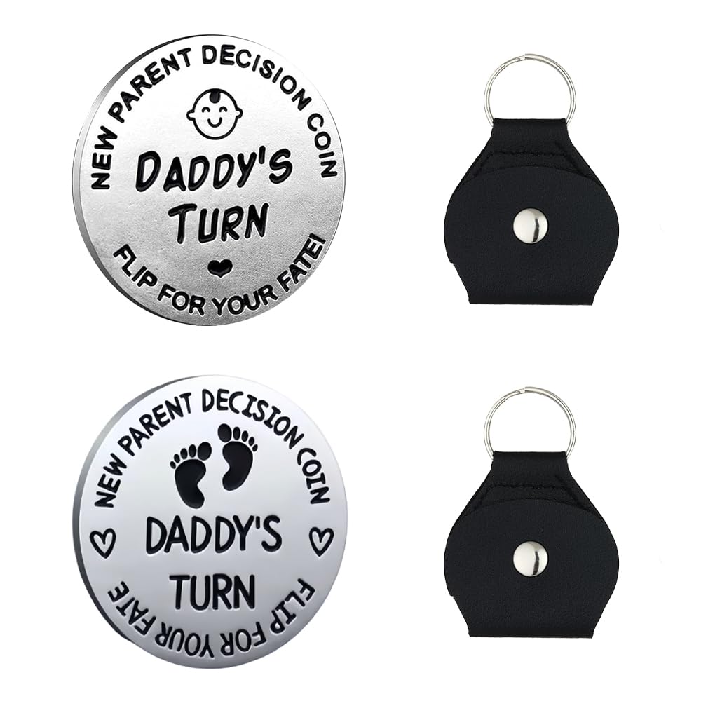 HayLniXy 2 Sets New Parents Decision Coin Stainless Steel Parents Turn Coin Double Sided Parents Flip Coin with Leather Case Fun for First Time to be Dad Mom