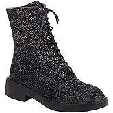 YIYA Women's Lace Up Glitter Sequin Combat Boots Round Toe Chunky Low Heel Side Zipper Sparkly Ankle Booties