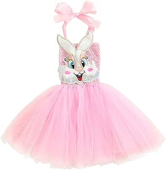 Vestido de conejo de Pascua para niñas, vestido de tul sin mangas, vestido de tutú de una pieza con orejas de conejo