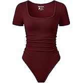 OQQ Women Bodysuits Ruched Short Sleeve Square Neck Stretch Lounge Travel Bodysuits