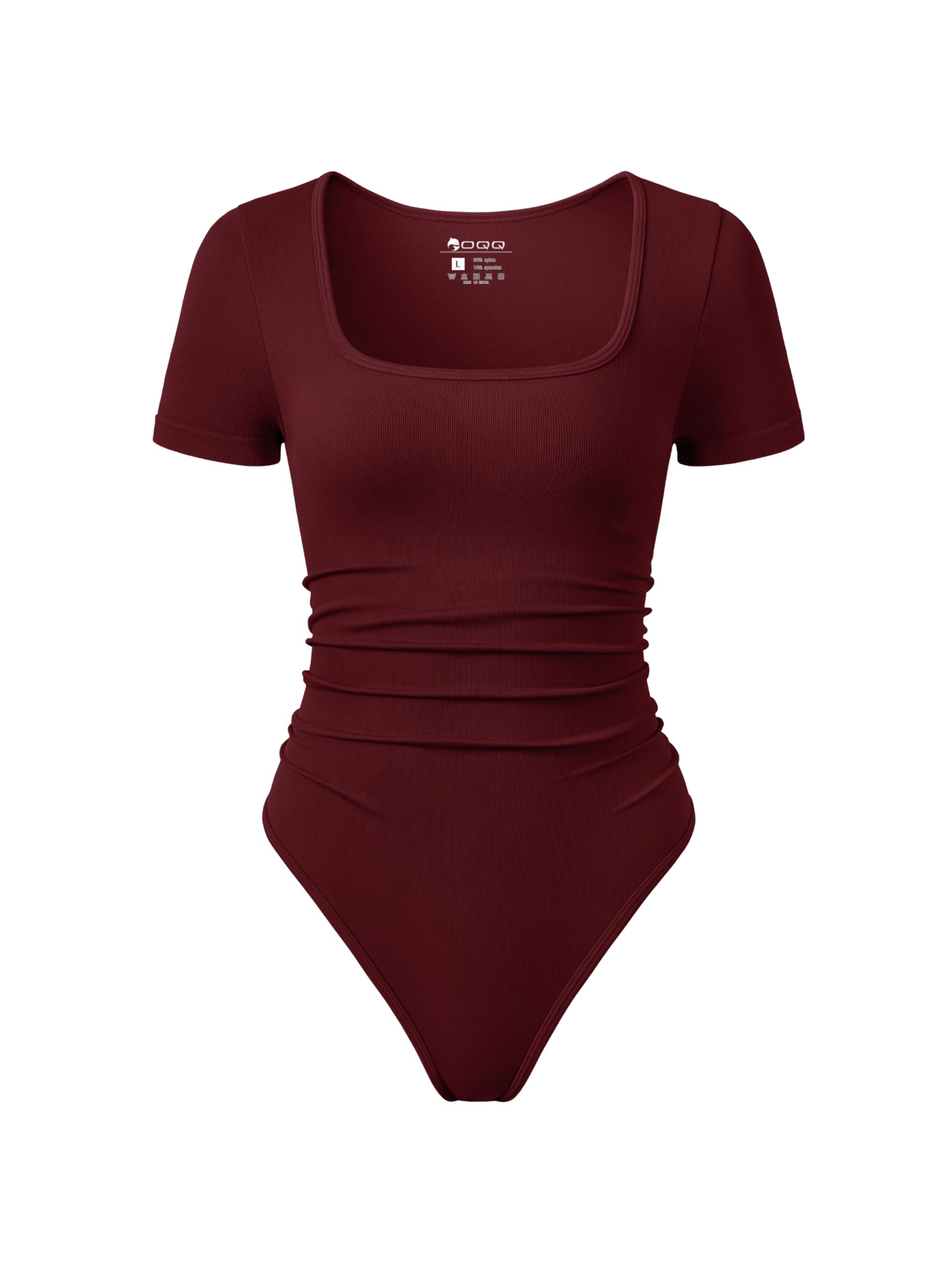 Photo 1 of OQQ Women Bodysuits Ruched Short Sleeve Square Neck Stretch Lounge Travel Bodysuits Darkred