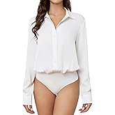 TQD Women Button Down Bodysuit Long Sleeve Collared Shirt Satin Blouse Bodysuits Tops Business Casual Office Professional