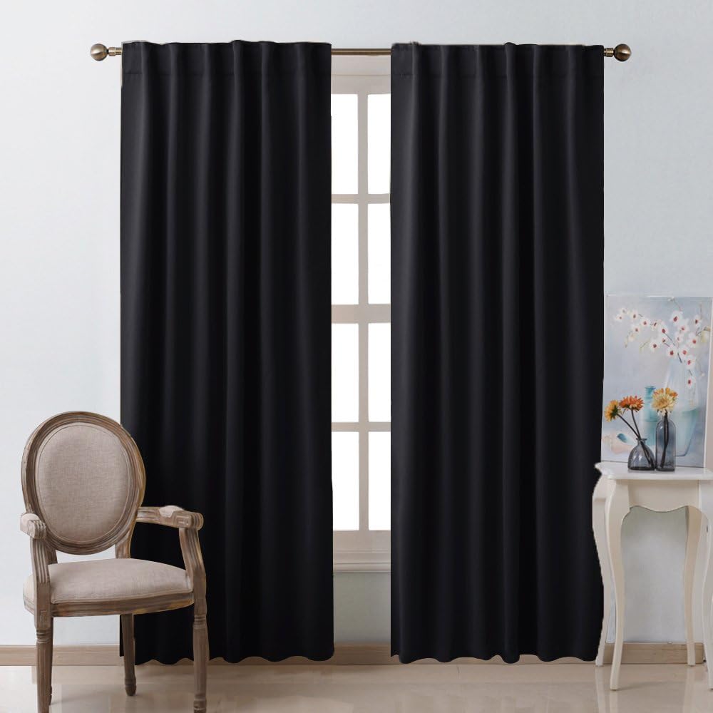 Window Treatments - NICETOWN Black Blackout Living Room Curtains 84 inches Long, Black Out Curtain Panels for Bedroom - (Black Color) W52 x L84, 1 Pair, Thermal Insulated Blackout Draperies Window Treatment