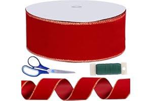 Winlyn 50 Yards Christmas Red Velvet Gold Edge Wired Ribbon 2-1/2" Wide Large Xmas Ribbon Trim Gift Wrapping Bow Craft for Christmas Indoor Outdoor Tree Wreath Bows Clothing Party Gift Embellishment