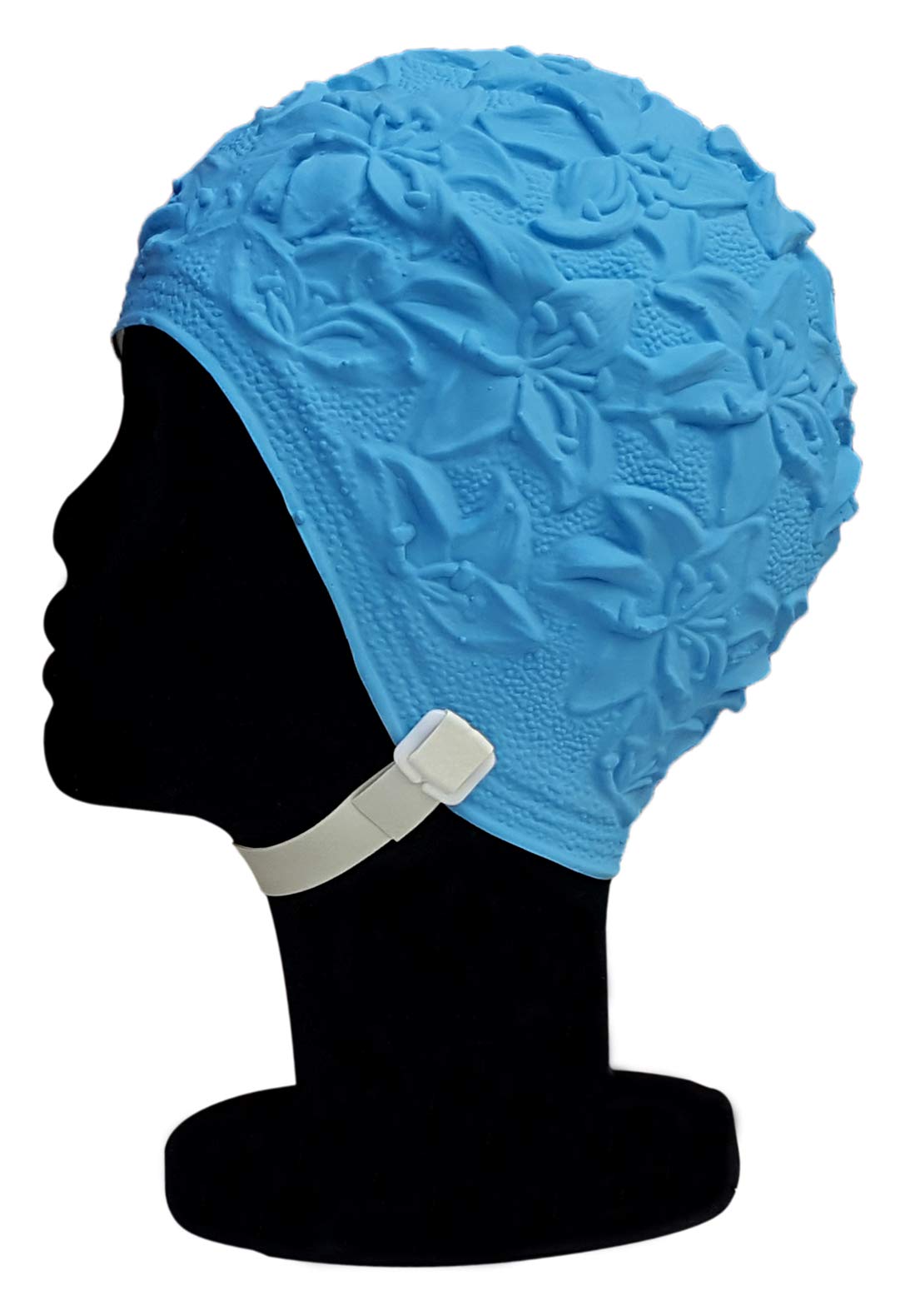 Blue Reef Latex Lily Soft And Pliable Single Solid Colour 3D Effect Floral Ladies Classic Retro Style Vintage Look Pull On Swimming Hat Swim Cap Generous One Size Adults With Adjustable Strap (Blue)