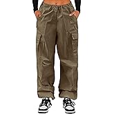 MACNOORA Women's Parachute Pants Drawstring Elastic Waist Sweatpants Baggy Y2K Cargo Pants with Pockets