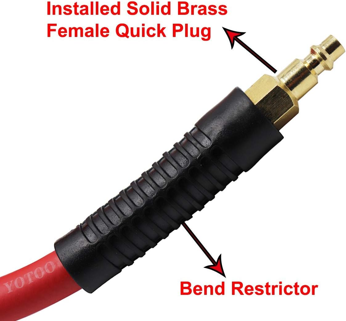 YOTOO Hybrid Air Hose 3/8-Inch by 50-Feet 300 PSI Heavy Duty, Lightweight, Kink Resistant, All-Weather Flexibility with 1/4-Inch Brass Male Fittings, Bend Restrictors, Red - - 