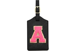 CHOIEO Initial Luggage Tag, PU Leather Luggage Tag, Embroidered Luggage Tag, Letter Luggage Tag, Monogrammed Luggage Tag, Luggage Tag for Baggage Bag Suitcase (A, Black Leather+Rose Red Letter)