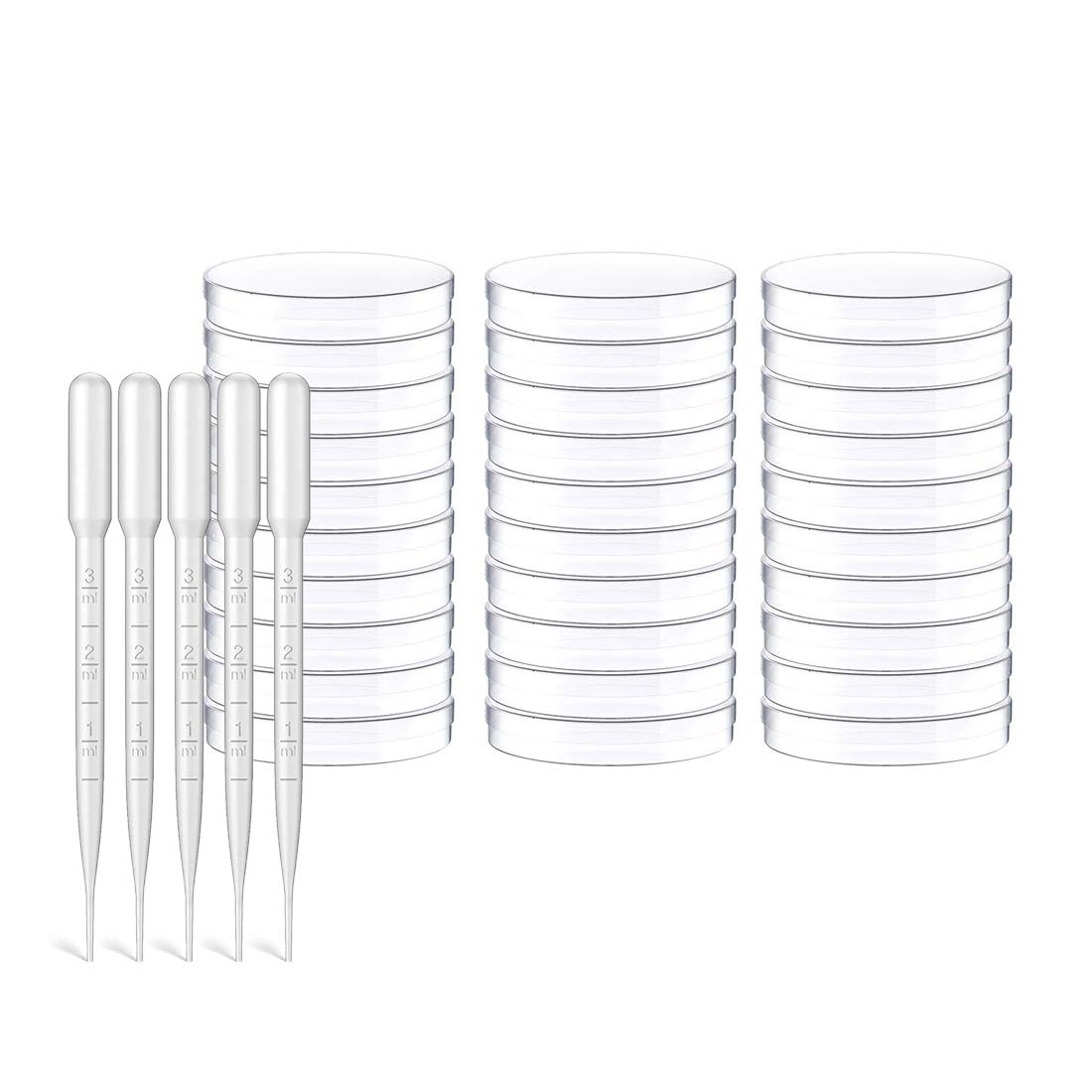 HONGECB 30 Pieces Transparent Sterilized Petri Dishes, Plastic Petri Dish, Bacterial Culture Bowl With Lid For Laboratory Culture Bacterial Yeast, Include 5 Plastic Pipette Dropper.