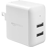 Amazon Basics 24W Dual Port USB-A Wall Charger, Fast Portable (12W, 2.4A per port), Multiple Device Compatible for Phones (iPhone 16/15/14/13/12/11/X, Samsung, and more), non-PPS, White