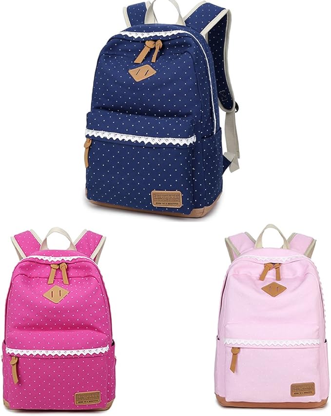 UNYU Canvas School Bag, Polka Dot Design Rucksack Backpack, Waterproof