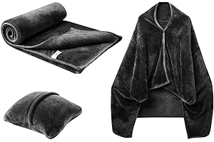 Travel Blanket and Pillow, Premium Soft 2-in-1 Folding Travel Blanket, Multifunctional Shawlable Flannel Poncho Blanket, Car 