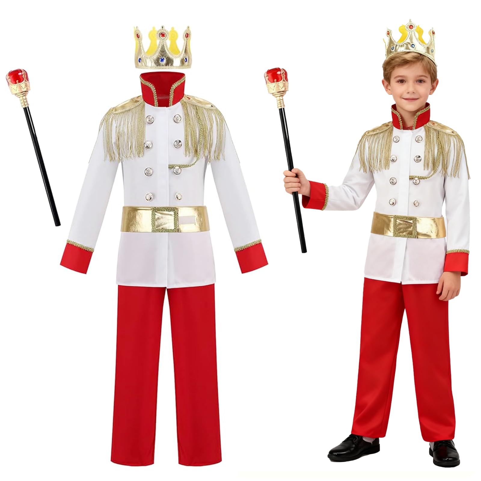 maxToonrain King Costume Kids 5 PCS Prince Charming Costume Boys Royal Dress Up for Halloween Christmas World Book Day Pretend Play (Red & White, Small)
