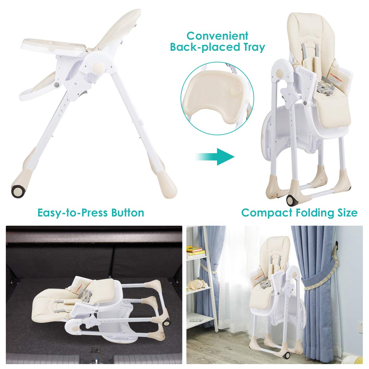 BABY JOY Convertible High Chair for Babies & Toddlers, Height Adjustable, Grow & Go High Chair w/Recline & Footrest, Removable Double Tray, Portable Baby Dinning Chair with Wheels (Beige)