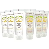DincherBel Travel Size Body Wash and Body Lotion - Bulk Hotel Toiletries Supplies for Guests - Refreshing Tropical Coconut Scent Shower Gel and Body Cream for Men & Women (1 Fl Oz, 100 Pack)