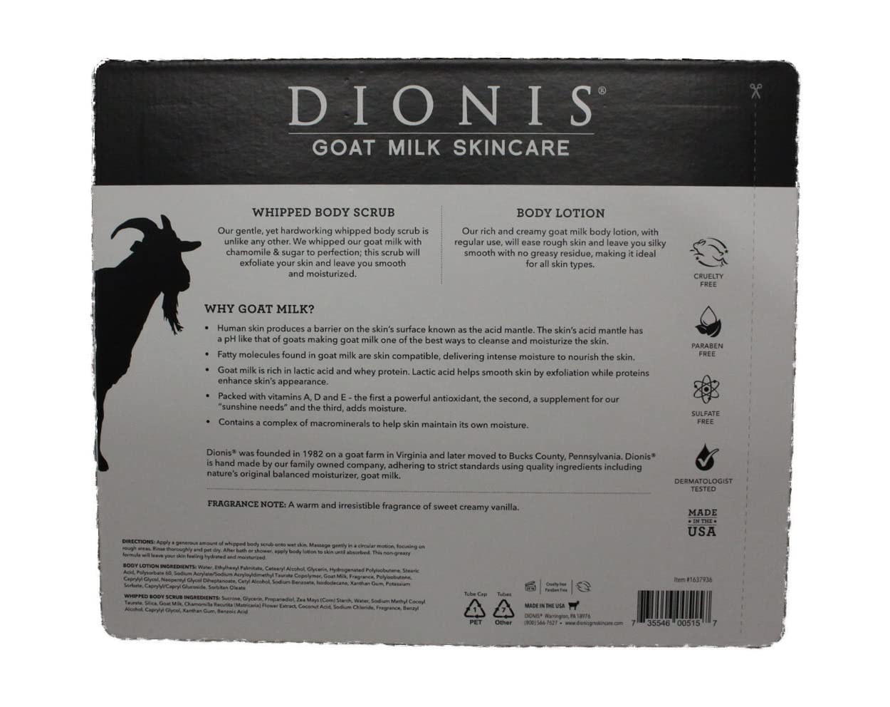 Dionis Goat Milk Bath & Body Set, 3 Piece Set, Includes 1 oz. (28 g) Body Lotion & 2 fl oz. (59mL) Whipped Body Scrub x2, Cruelty Free, Paraben & Sulfate Free, Dermatologist Tested (Vanilla Bean)