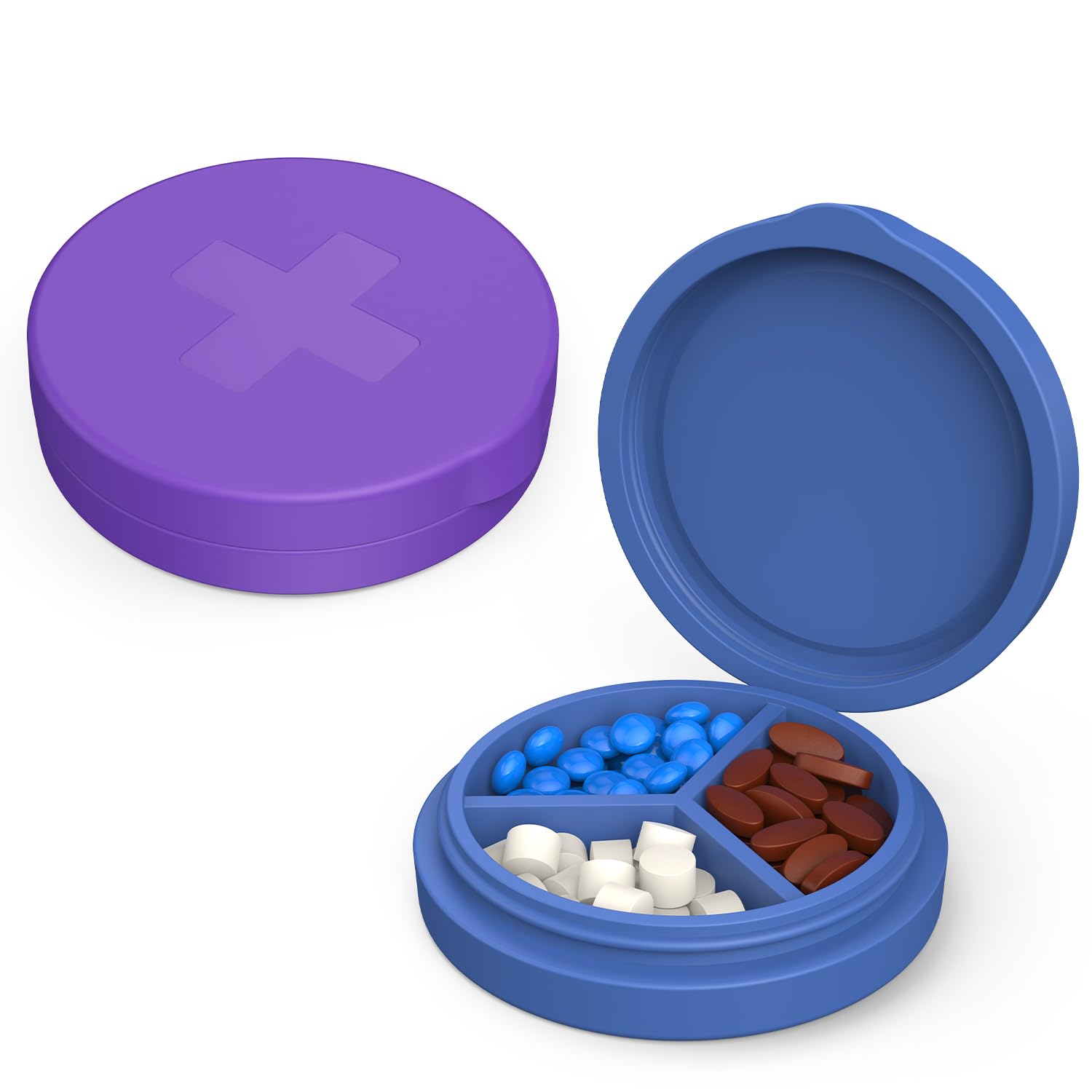Photo 1 of 2 Pack Small Pill Box,3 Compartment Round Silicone Travel Pill Box for Purse Pocket, Waterproof Portable Compact Medicine Holder for Vitamin, Cod Liver Oil, Supplement(Purple+Blue)