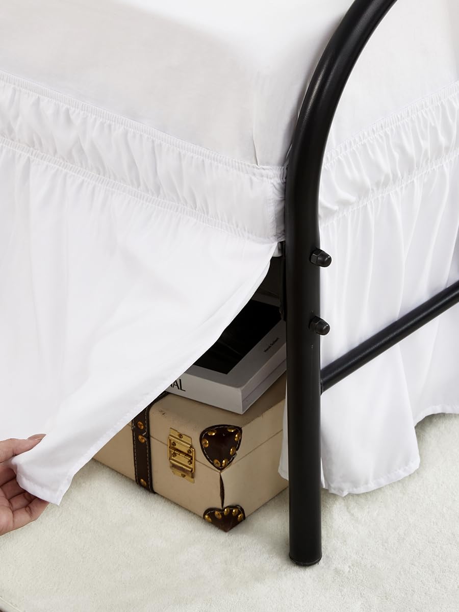 RIMELA White Bed Skirts with Split Corners Queen Size 18 Inch Drop,Elastic Bed Skirting Wrap Around, Easy Install Dust Ruffles Soft Fabric Machine Washable