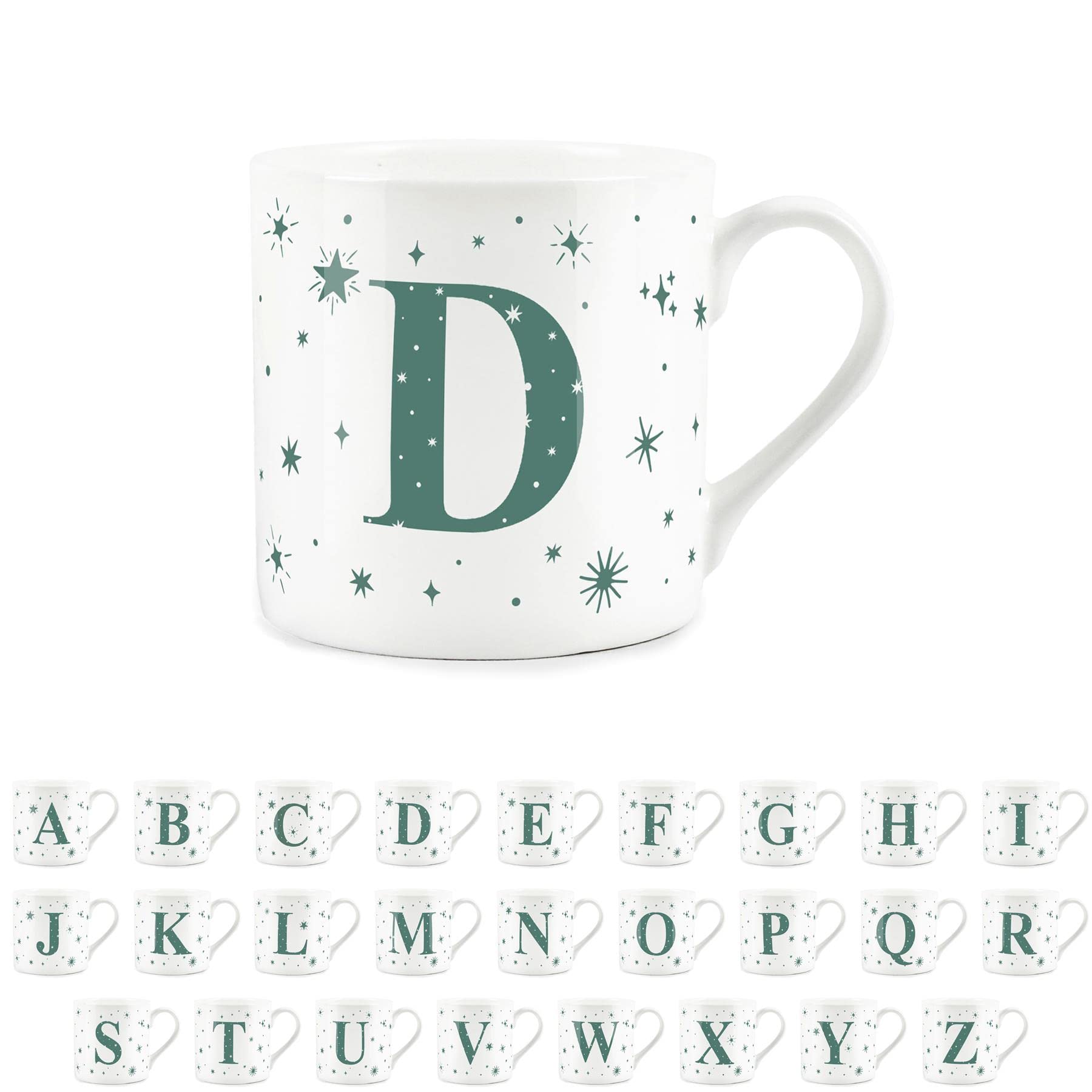 Purely Home Letter D Star Mug - Bone China White Coffee/Tea Present Gift - Alphabet Letter Mug with Stars in Teal Green Blue