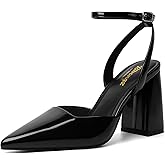 RIBONGZ Block Heels for Women Closed Pointed Toe Heeled Slingback Chunky High Heel Ankle Strap Pumps Patent Leather Comfort Dressy Shoes for Work Party Prom Wedding Bridal Dress