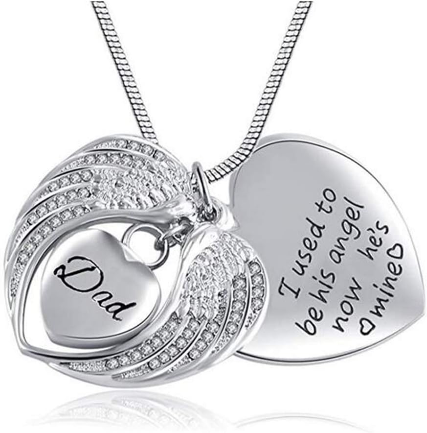 Angel Wing Stainless Steel Cremation Jewelry for Ashes Dad -Stainless Steel Ash Holder Memorial Urn Necklace for Men "I Used to Be His Angel Now He's Mine " (Dad)
