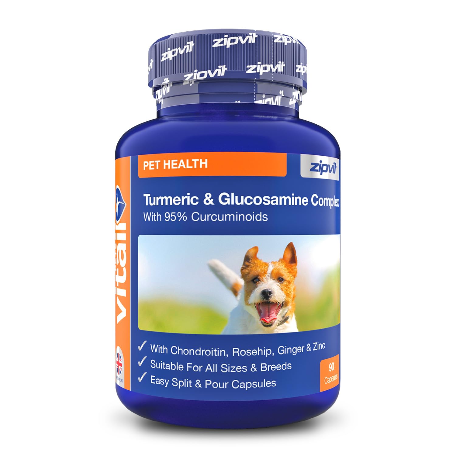 Zipvit Hip and Joint Supplements for Dogs, Glucosamine and Chondroitin Complex with Turmeric, Rosehip, Ginger and Zinc, Supports Mobility and Joints, Easy Split Capsules for All Breeds