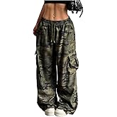 Verdusa Women's Camo Wide Leg Pants Y2K Drawstring Waist Streetwear Baggy Pants with Pockets