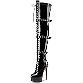 Castamere Women's Over The Knee Thigh High Boots Stiletto Platform Round Toe Lace-up Buckle Zipper Party Dance Boots 5.9 Inches Heels