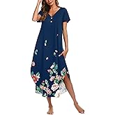 Ekouaer Long Nightgowns for Women Button Night Gowns Short Sleeve Sleepwear Full Length Sleep Shirts With Pockets S-2XL