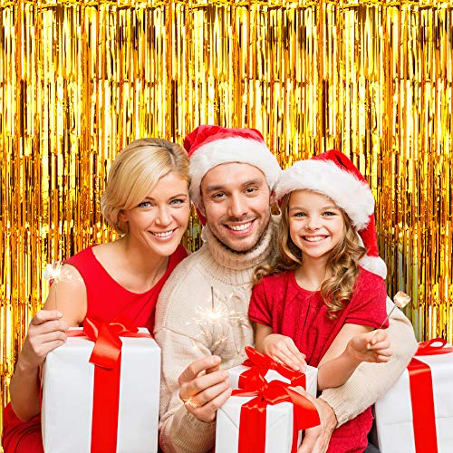 image for 3 Pack Gold Foil Fringe Curtains Photo Booth Backdrop for Birthday Wed