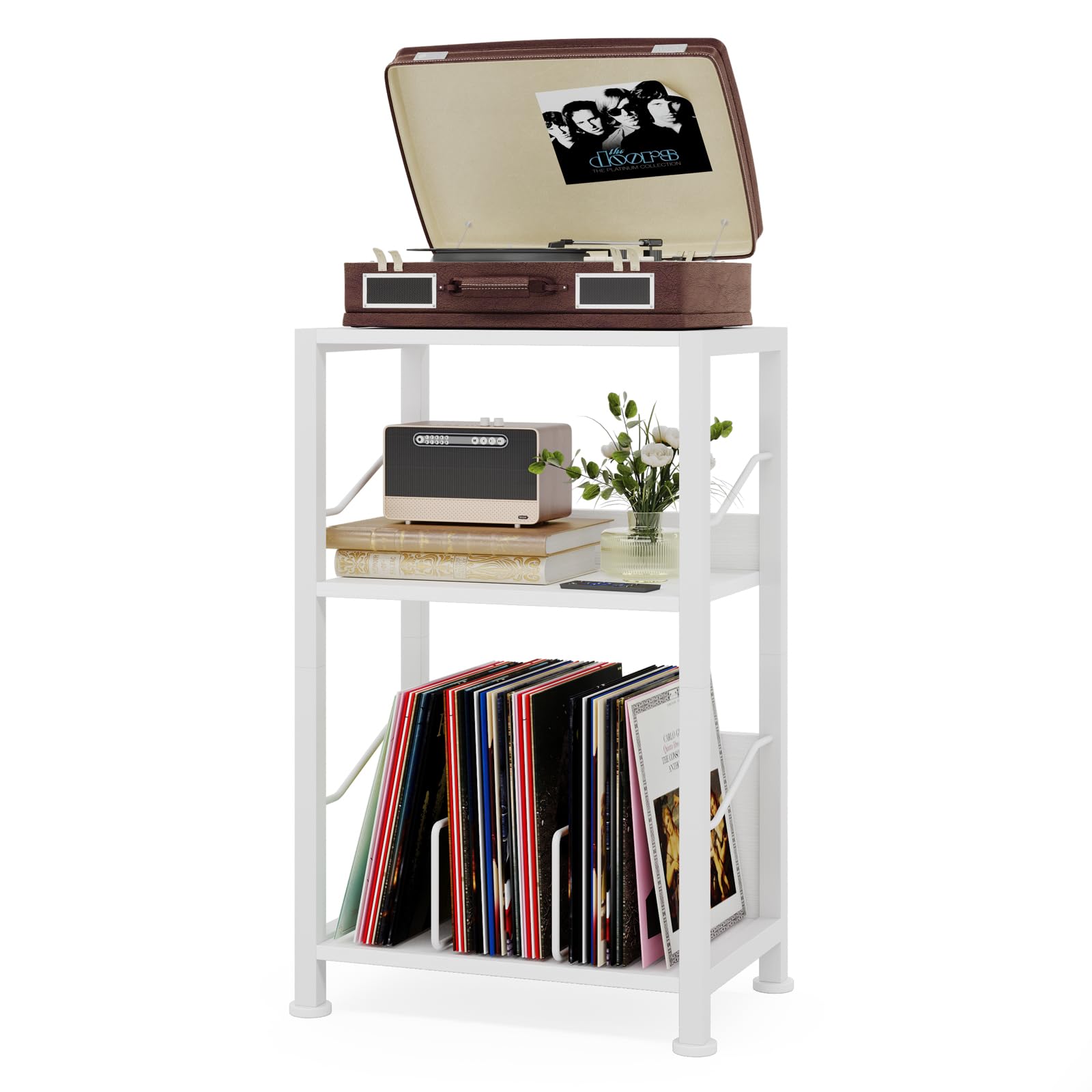 Photo 1 of Hosfais 3 Tier Record Player Stand, Retro Vinyl Record Storage End Table Records Shelf for Living Room Bedroom (White)