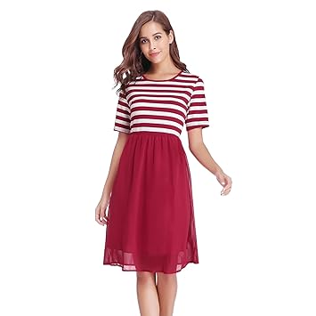Luxspire Damen Rundhals Kurzarm unecht Zweiteiliges Streifenkleid, Rot & Weiß, Medium
