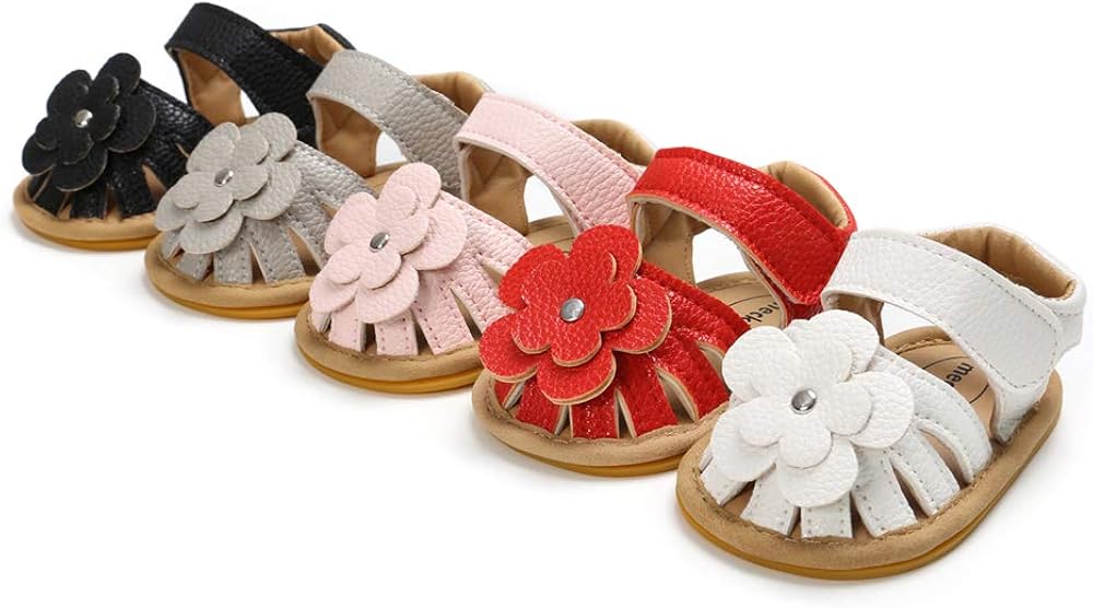  | Meckior Baby Toddler Infant Girls PU Leather Soft Closed Toe Summer Sandals Flower Princess Flat Shoes | Sandals