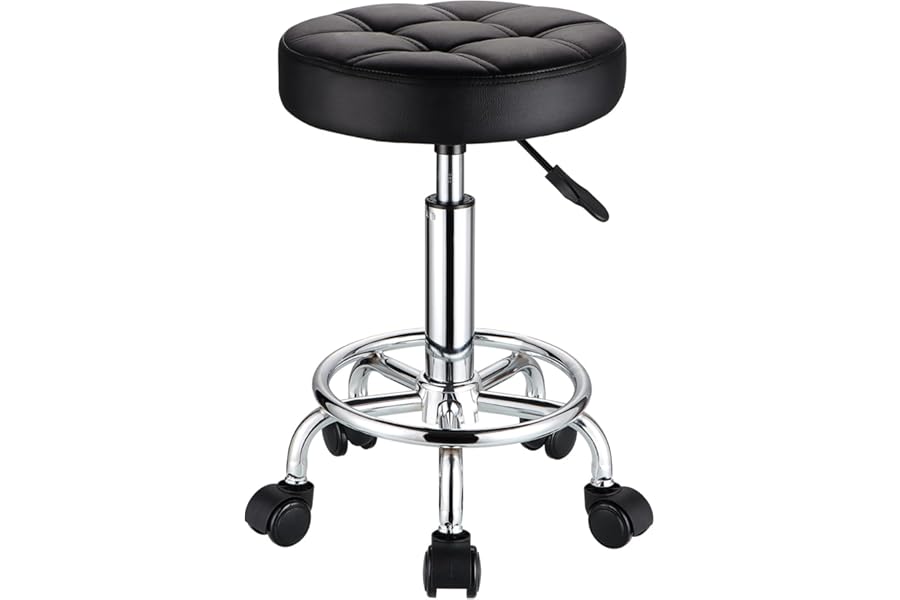 HMTOT Round Rolling Stools PU Leather Seat Height Adjustable Swivel Stool with Wheels Black