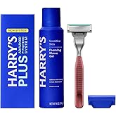 Harry's Plus Trial Shaving Kit for Men - Premium Handle, Razor Blade Cartridge, Foaming Shave Gel, and Travel Blade Cover - Advanced Pivoting System - Clay
