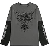 SweatyRocks Men's Crewneck Long Sleeve Letter Graphic T Shirts Y2k Colorblock Loose Tee Tops