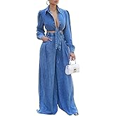 SEMATOMALA Women's Fall Denim Outfits Knot Tie Crop Top and Wide Leg Pants Jean Set 2 Piece Loose Sweatsuits