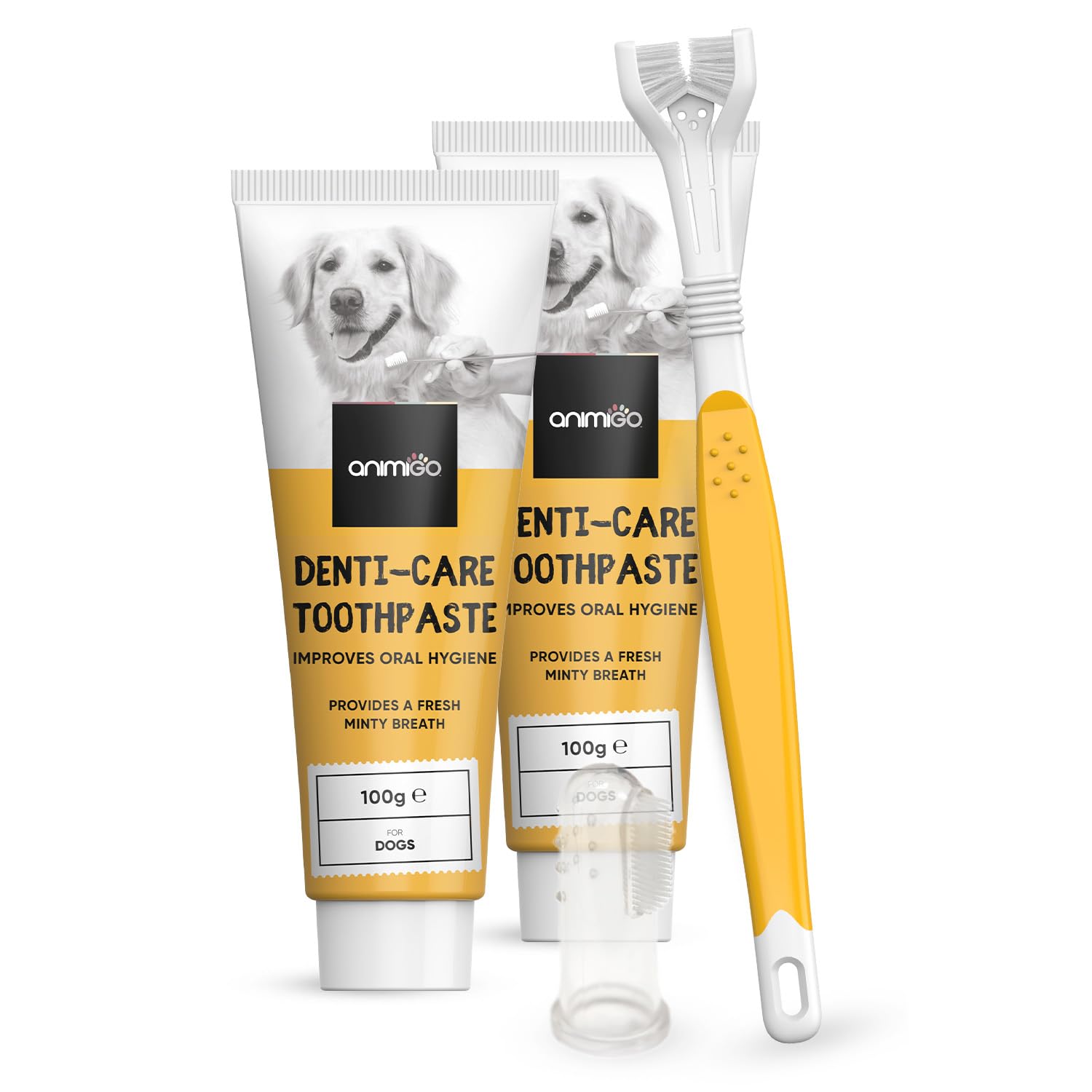 Animigo Dog Toothpaste & Toothbrush Kit | 2X Dog Toothpaste for Plaque and Fresh Breath (100g Each), 1x Triple-Head Dog Tooth Brush to Remove Tartar & 1 Finger Toothbrush | Dog Teeth Cleaning Products