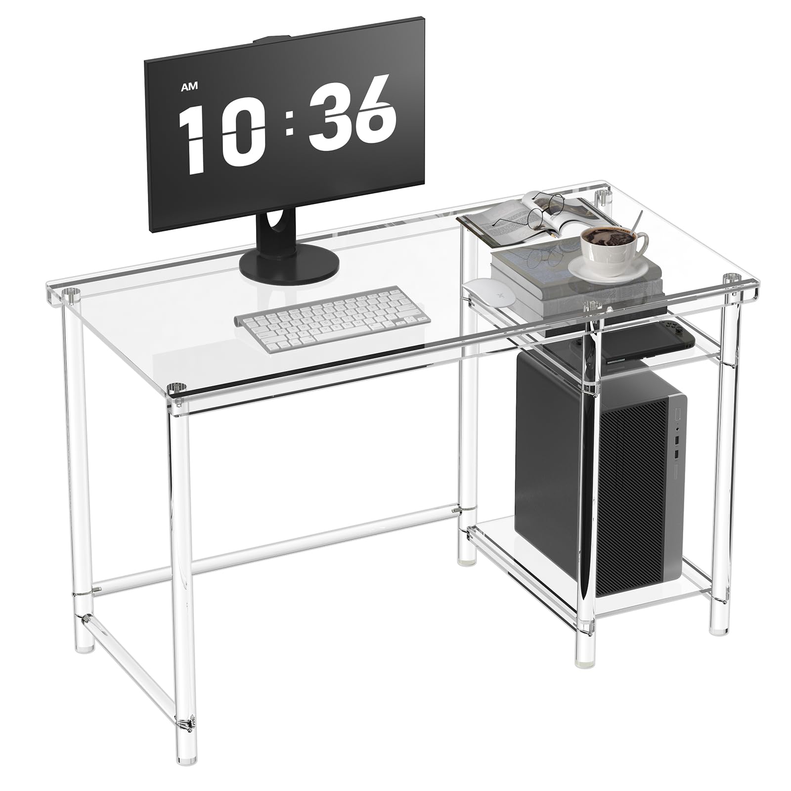 Photo 1 of HMYHUM Acrylic Desk, 47" L x 23.6" W x 29.5" H, Clear Computer Desk with Storage Shelves, Modern Gaming Desk for Home Office for Laptop, Study, Writing, Vanity Table, Easy Assembly