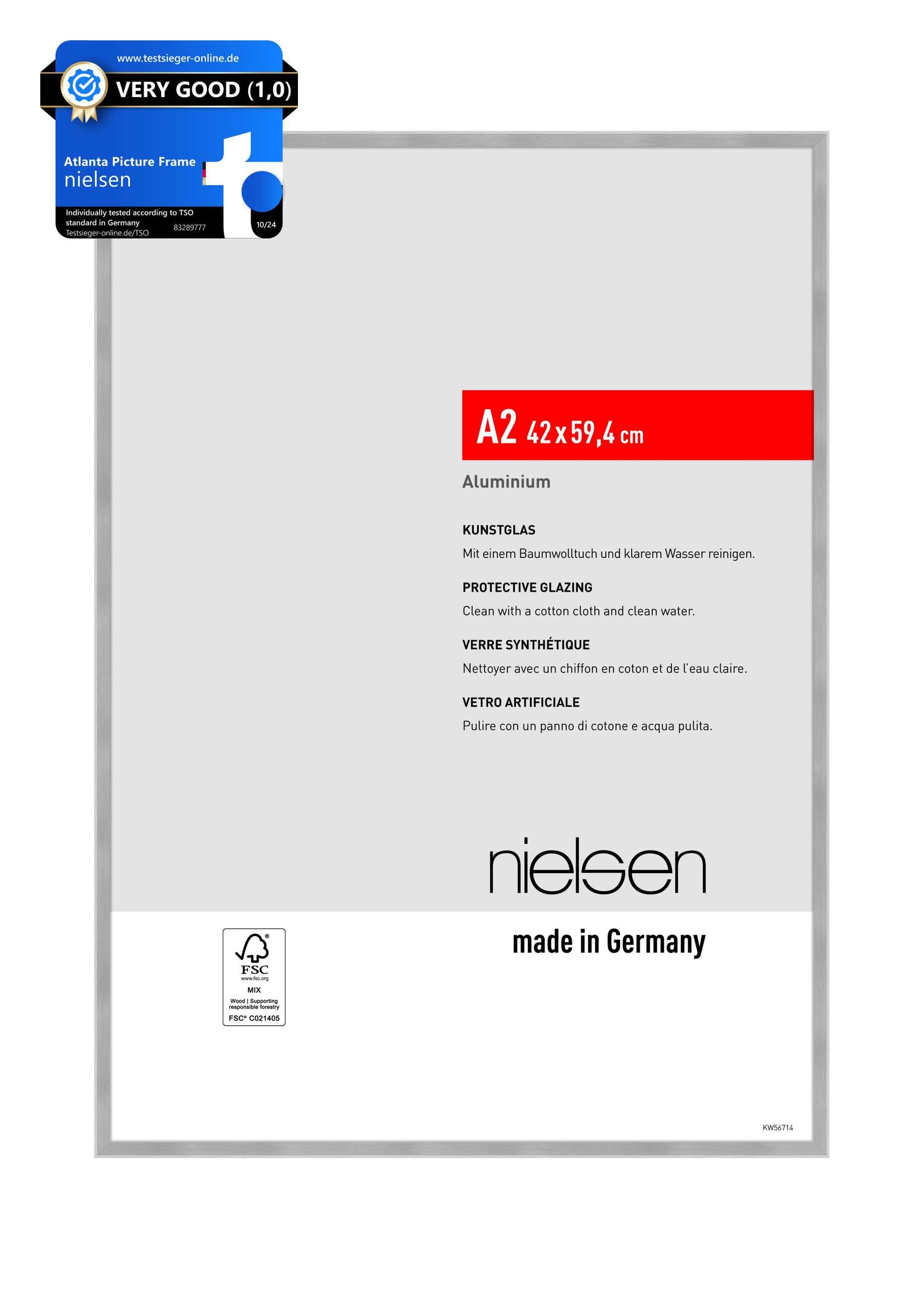 nielsen Atlanta Aluminium Picture Frame - Brushed Silver A2, 42x59.4cm - with Synthetic Glass and Push-Turn Clips
