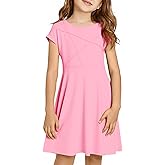 Haloumoning Girls Summer Short Sleeve Dresses Kids Pleated Skater Twirl A Line Dress with Pockets 5-14 Years